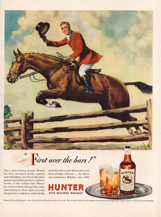 Hunter Whiskey 1946 Horse Steeplechase Full Page Print Ad 10.5 x 13.5