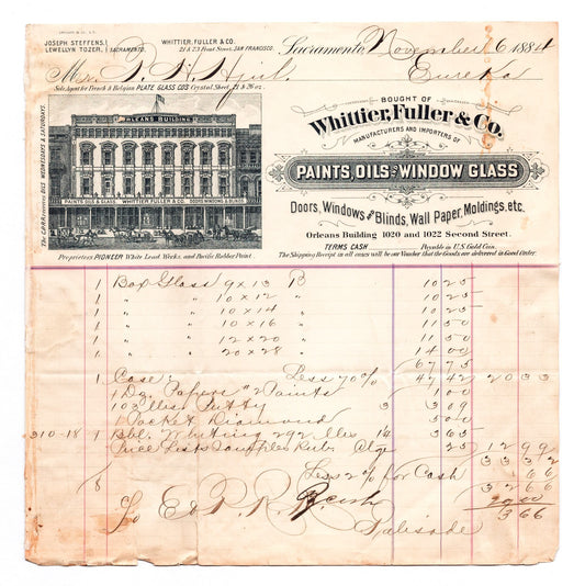 Sacramento California Whittier Fuller Paints Oils Window Glass billhead 1884 illustrated building