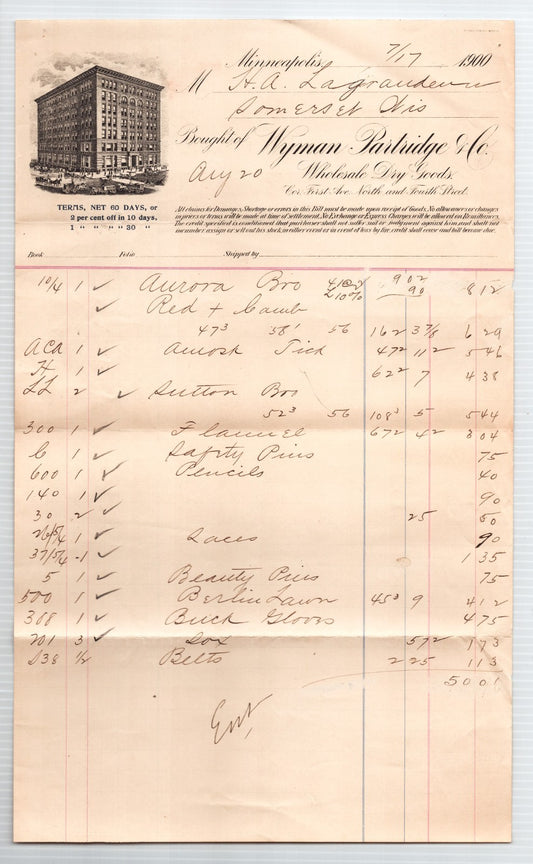 Minneapolis Minnesota Wyman Partridge Dry Goods billhead ledger receipt handwritten 1900