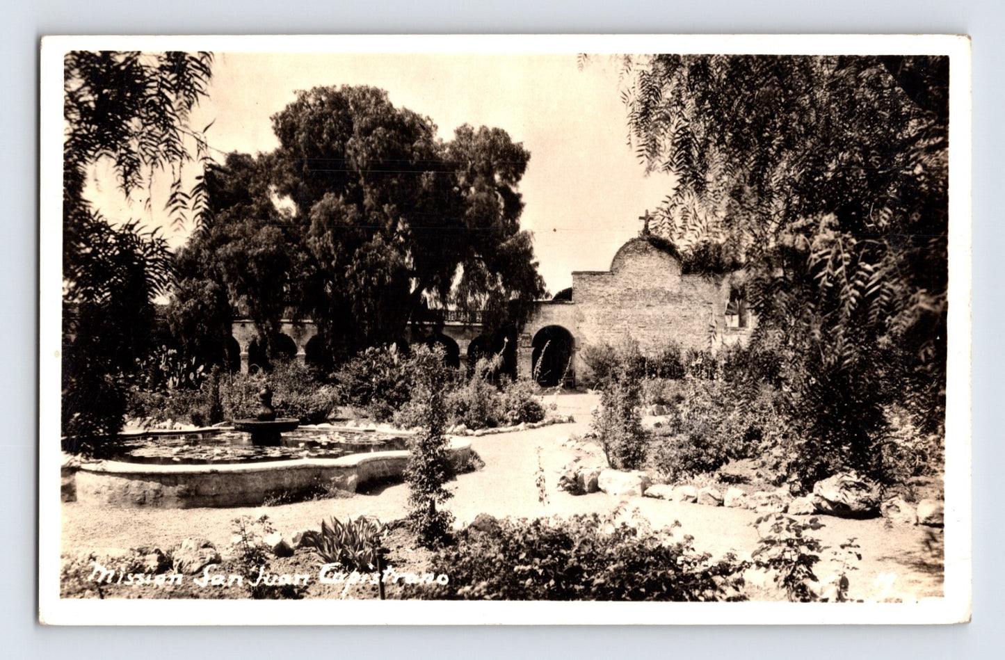 San Juan Capistrano California Mission garden courtyard 1940s real photo postcard