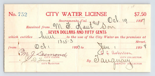 Sacramento California 1897 City Water License Billhead 7 x 3.25