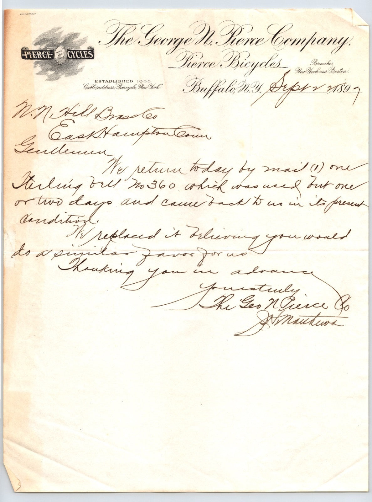 Letter from The George W. Pierce Company regarding bicycles, dated 1889.