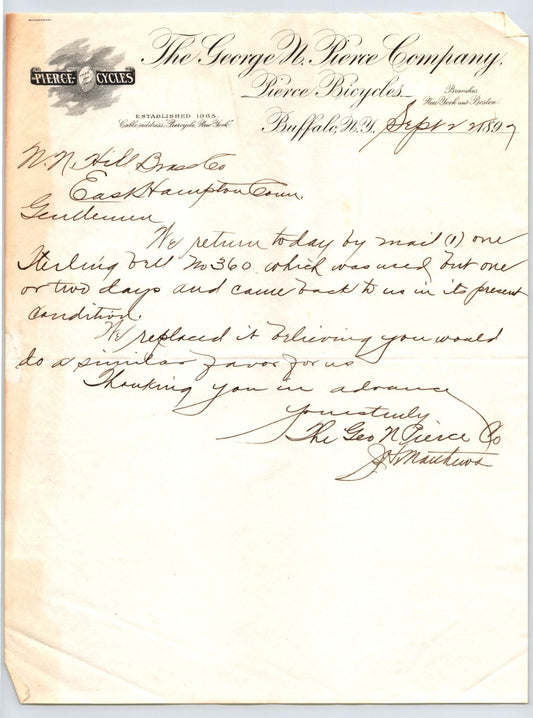Letter from The George W. Pierce Company regarding bicycles, dated 1889.