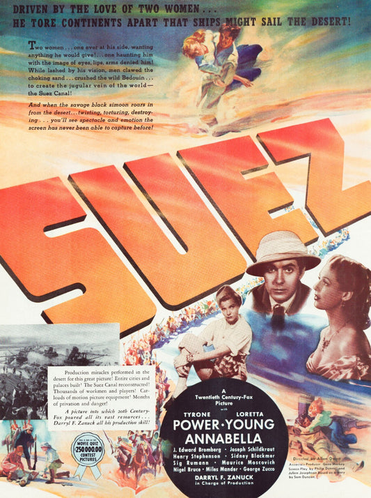 Suez 1938 film print ad Tyrone Power Loretta Young desert canal illustration