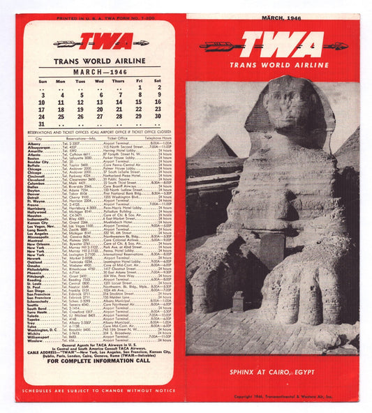 Trans World Airlines TWA March 1946 system timetable brochure cover featuring Sphinx at Cairo Egypt with red border design