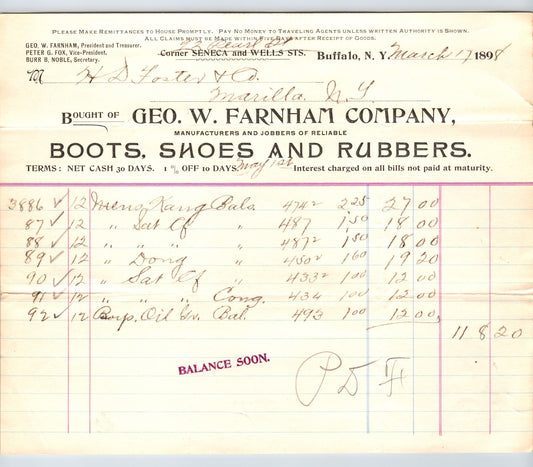 Buffalo New York George W Farnham Company boots shoes rubbers billhead 1898 Seneca Wells Streets invoice