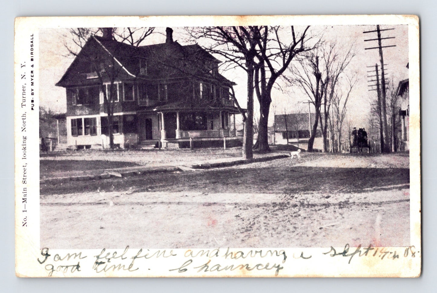 Main Street in Turner New York showing large corner house, dirt road, utility poles, horse and carriage in early 1900s real photo postcard
