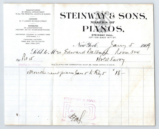 1909 New York Steinway and Sons Steinway Hall piano receipt Hotel Savoy Edward Balbach