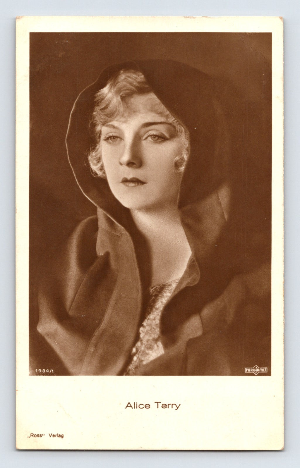 Alice Terry portrait Ross Verlag 1930s RPPC postcard silent film actress sepia studio image