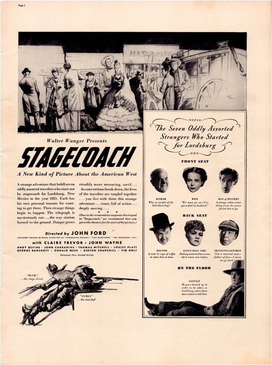 Stagecoach 1939 film print ad John Ford John Wayne cast illustration western