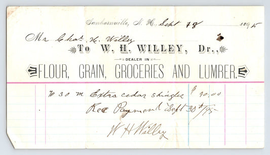 W H Willey Sanbornville New Hampshire 1895 grain lumber groceries billhead invoice handwritten antique document 8.5 x 4.5