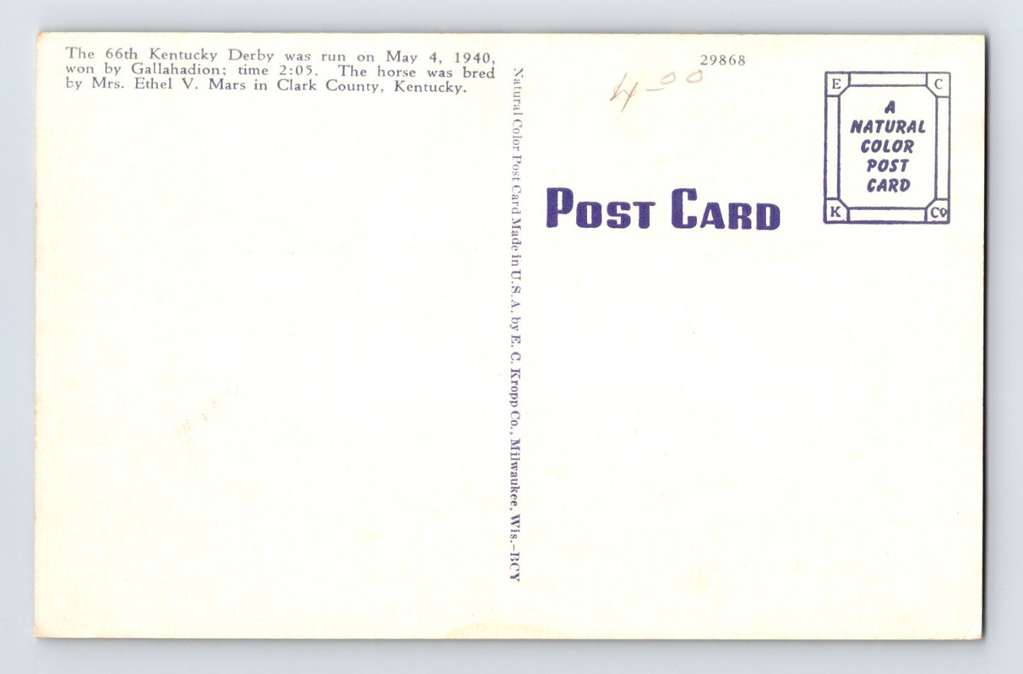 Louisville Kentucky Gallahadion Derby Horse Racing 1940s Postcard Unposted