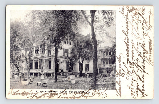 Black and white postcard of Fort Lowry Hotel Annex in Bensonhurst Long Island New York with handwritten 1904 message