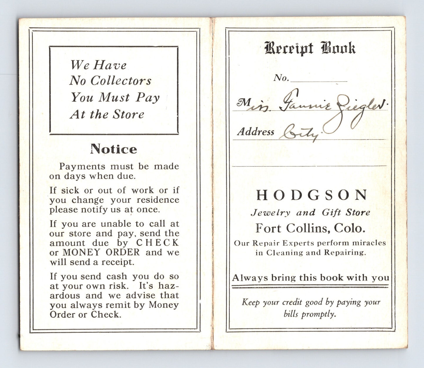 Hodgson Jewelry Fort Collins Colorado receipt book Fannie Ziegler 1930s watch repair store ledger