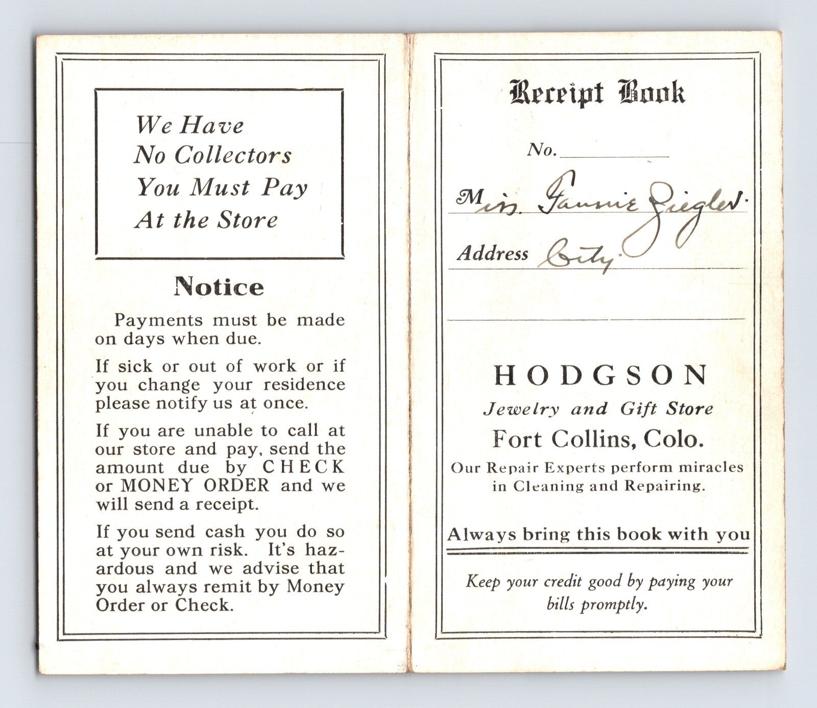 Hodgson Jewelry Fort Collins Colorado receipt book Fannie Ziegler 1930s watch repair store ledger