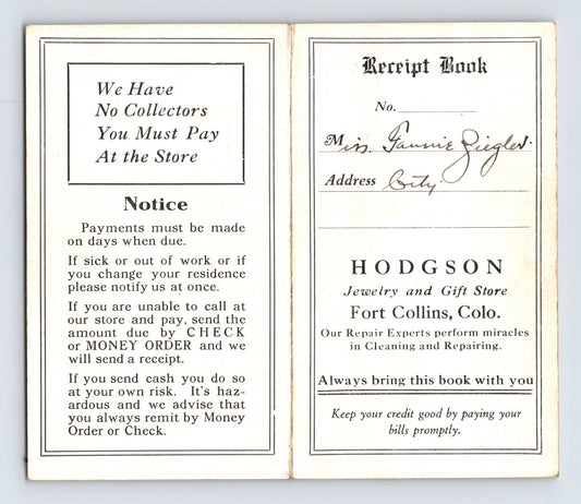 Hodgson Jewelry Fort Collins Colorado receipt book Fannie Ziegler 1930s watch repair store ledger