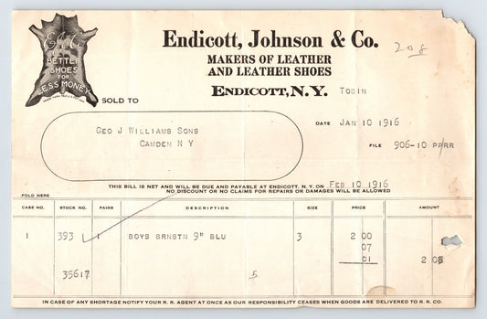 1916 Endicott New York Endicott Johnson Company billhead for leather shoes with printed logo and typed order details