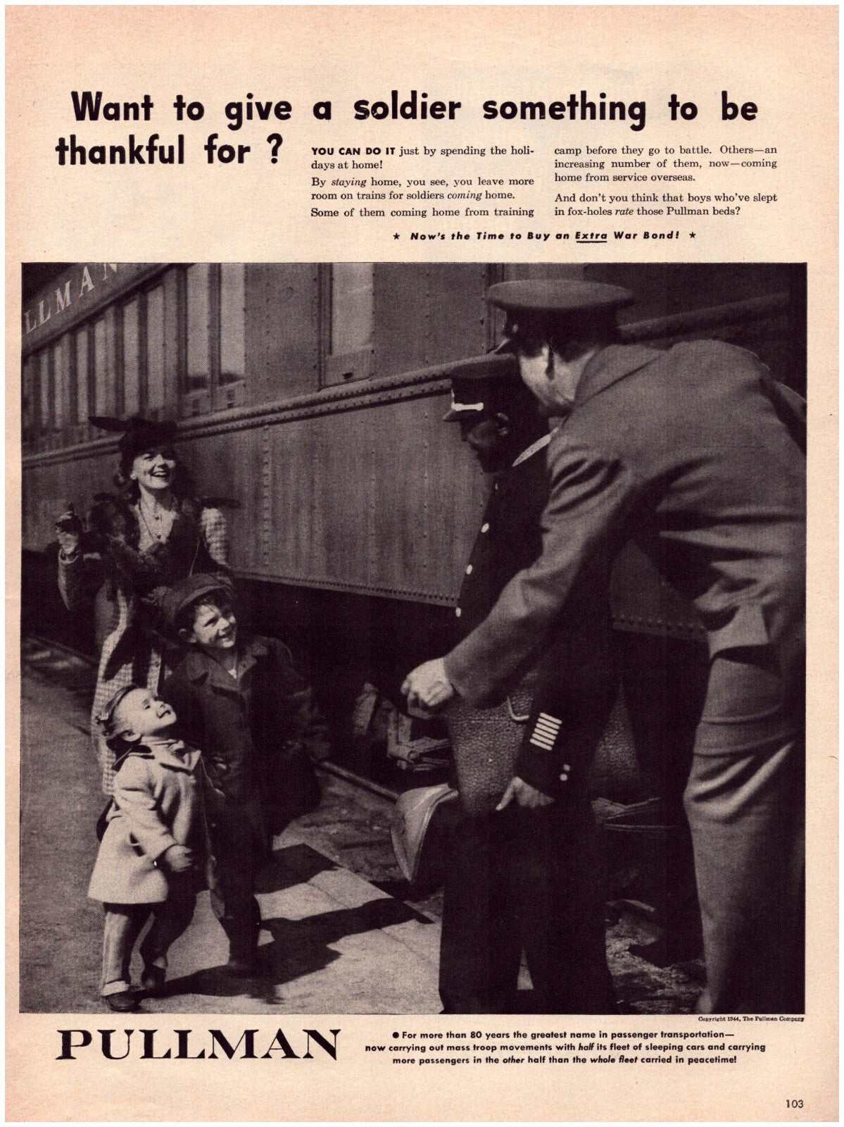 Pullman Railroad 1944 WW2 Soldier Homecoming Print Ad 10.5 x 13.5