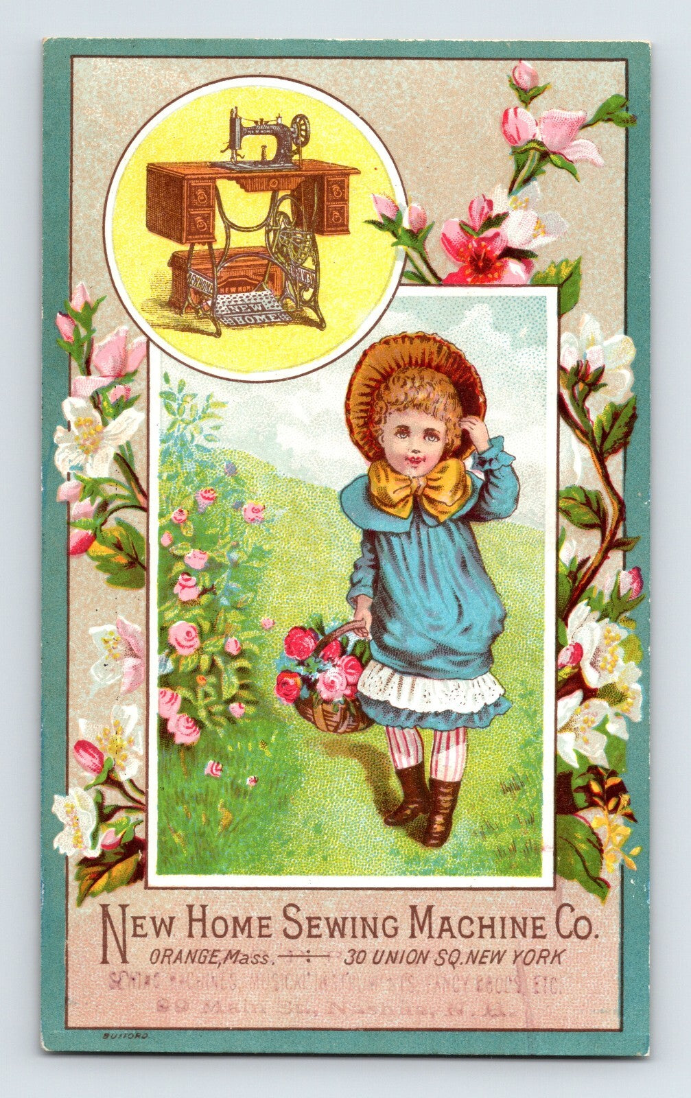 Victorian trade card for New Home Sewing Machine featuring illustrated little girl with flower basket and inset image of sewing machine framed by blossoms