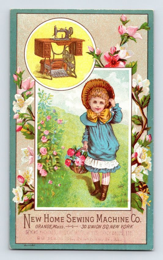 Victorian trade card for New Home Sewing Machine featuring illustrated little girl with flower basket and inset image of sewing machine framed by blossoms