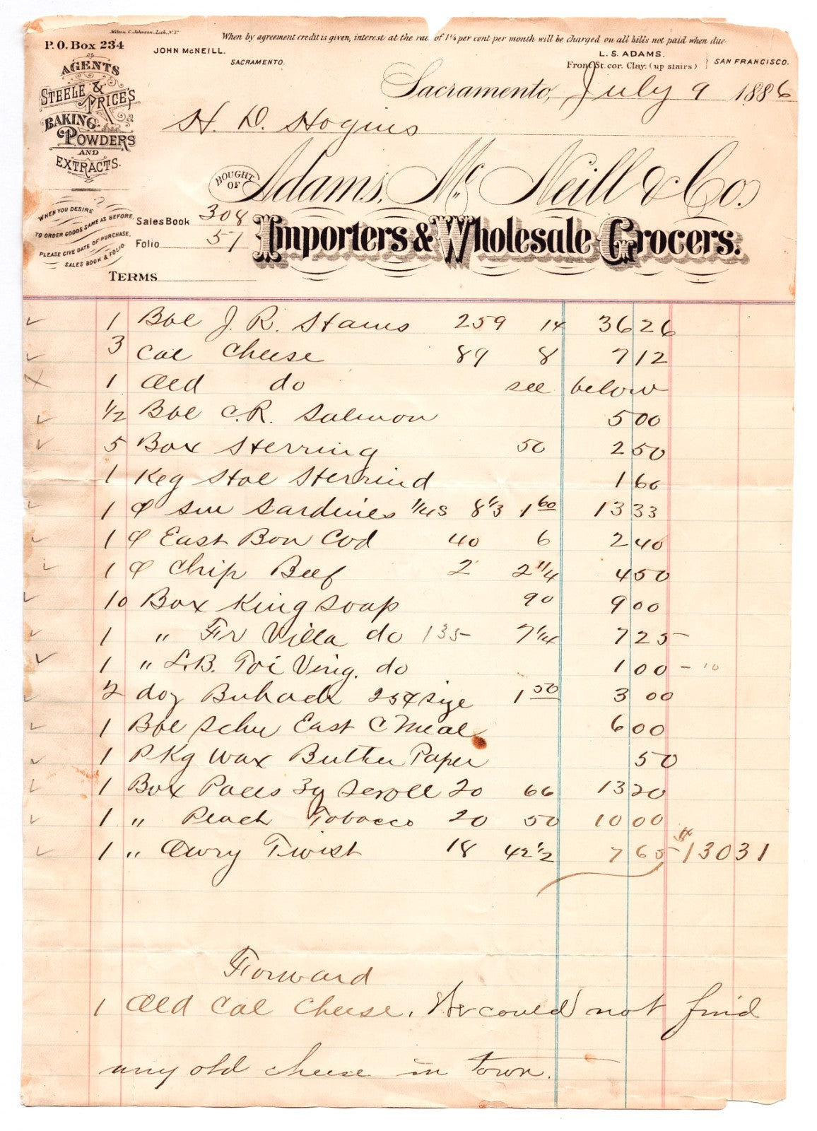 Sacramento California 1886 Adams McNeill Importers Grocers Billhead 8.5 x 11.5