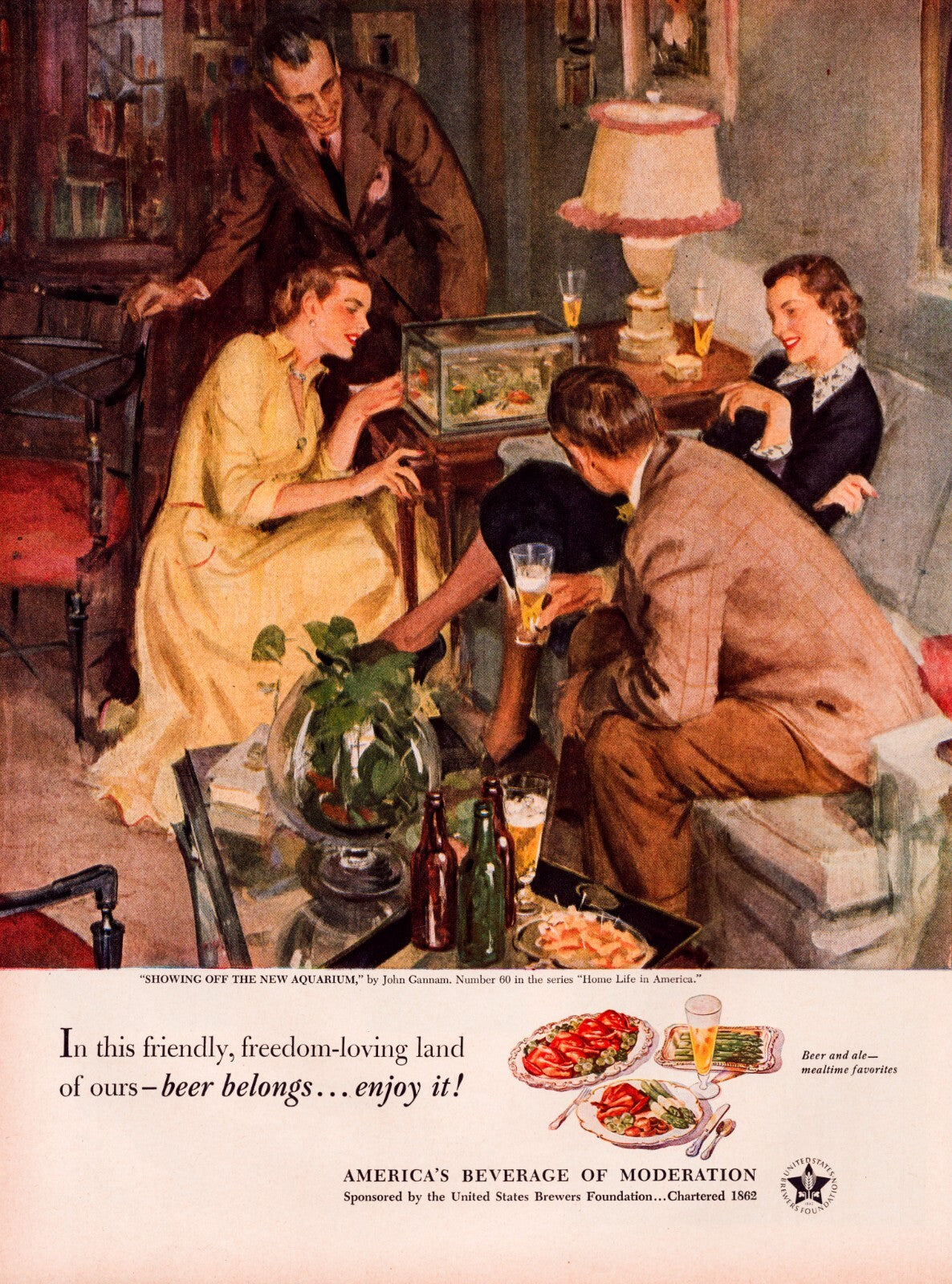 Beer Belongs 1951 print advertisement fish tank aquarium living room social scene beer bottles glasses