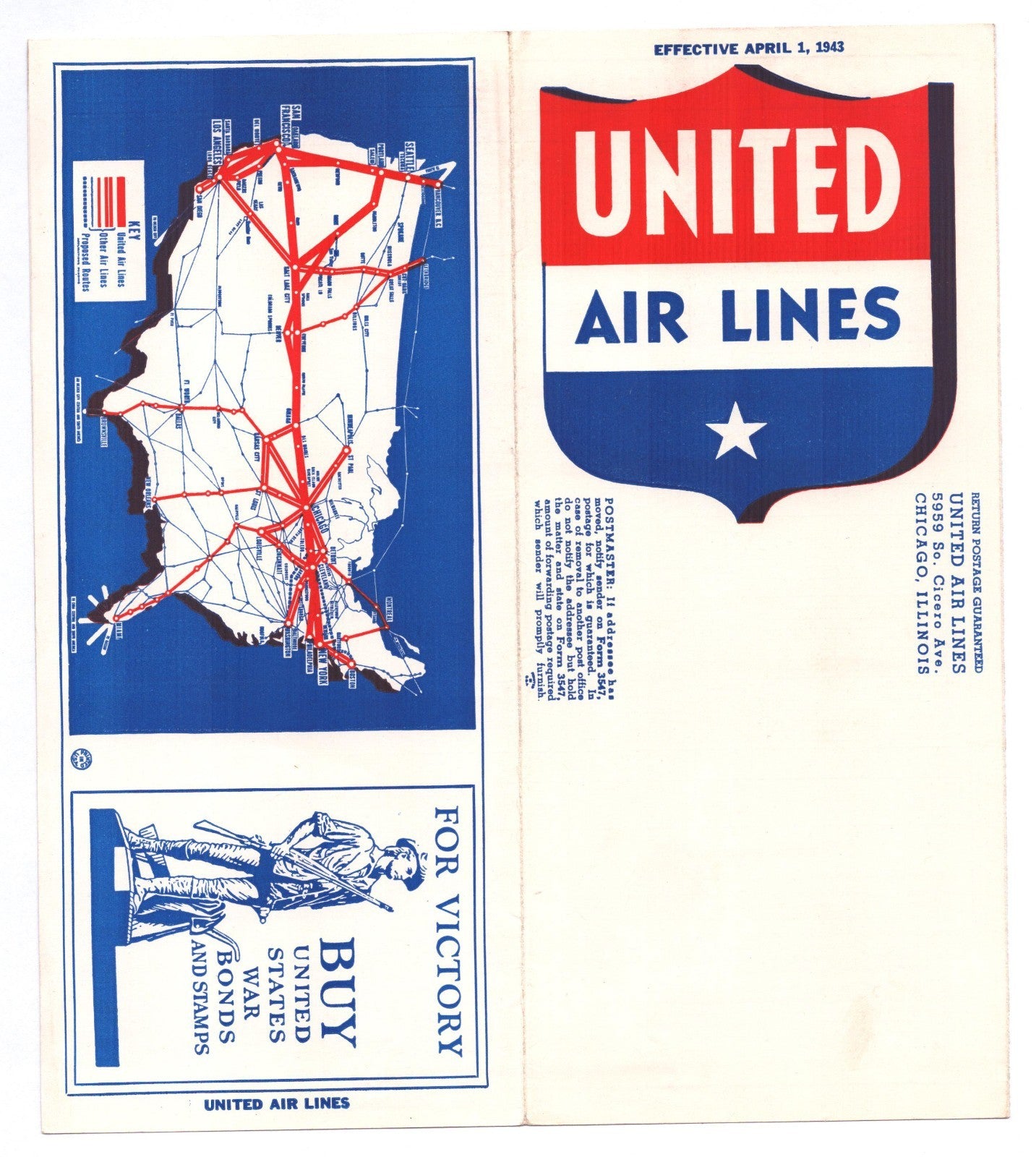 United Air Lines 1943 system timetable brochure cover with route map and Victory War Bonds promotion