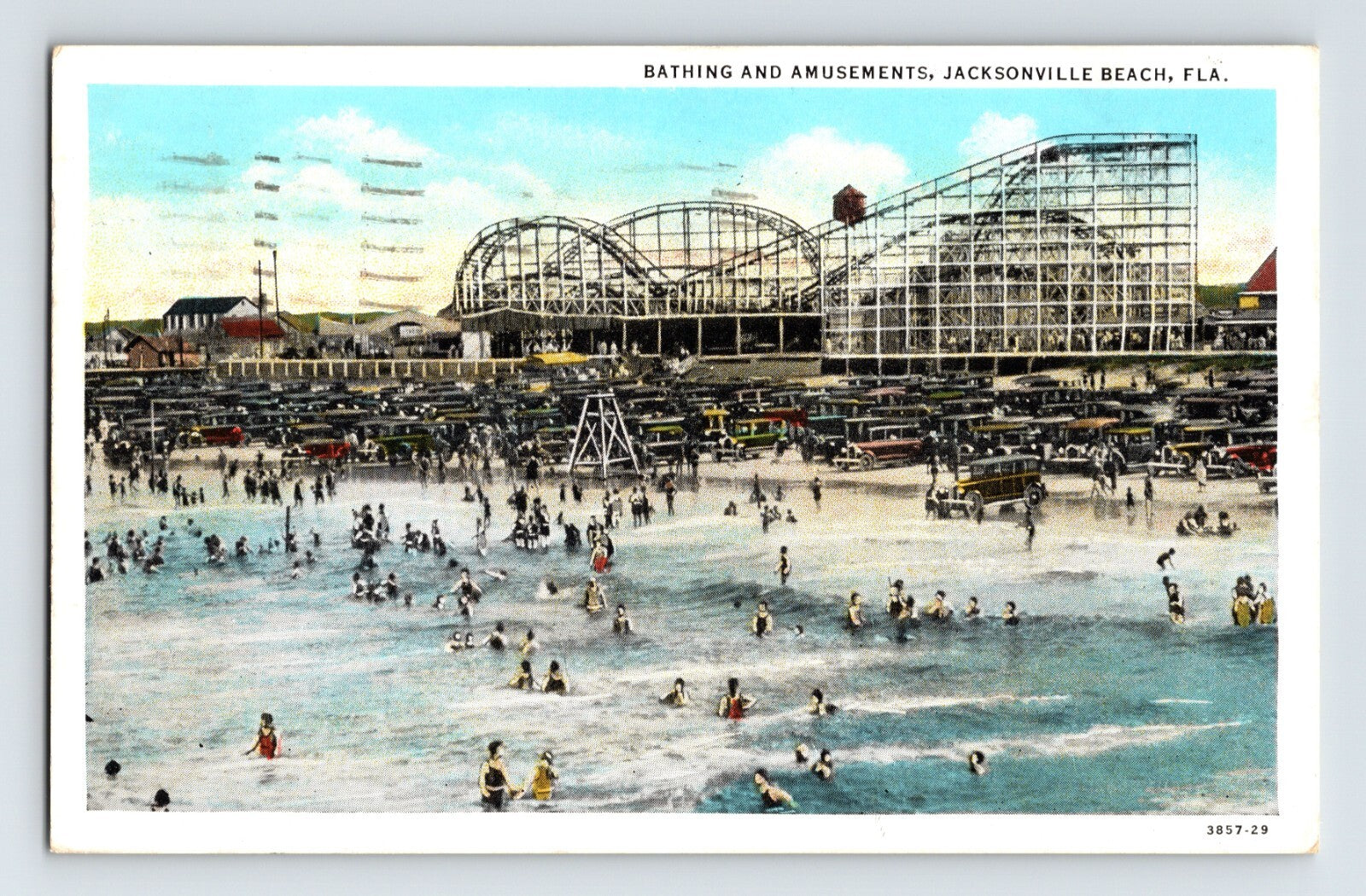 Jacksonville Beach Florida roller coaster bathing scene 1933 postcard crowds ocean boardwalk amusement park