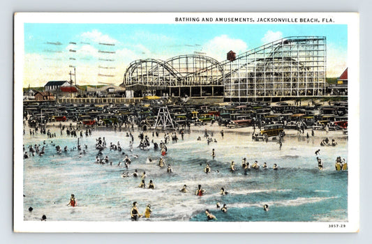 Jacksonville Beach Florida roller coaster bathing scene 1933 postcard crowds ocean boardwalk amusement park