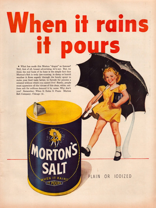 Morton Salt When It Rains It Pours girl umbrella 1945 print advertisement