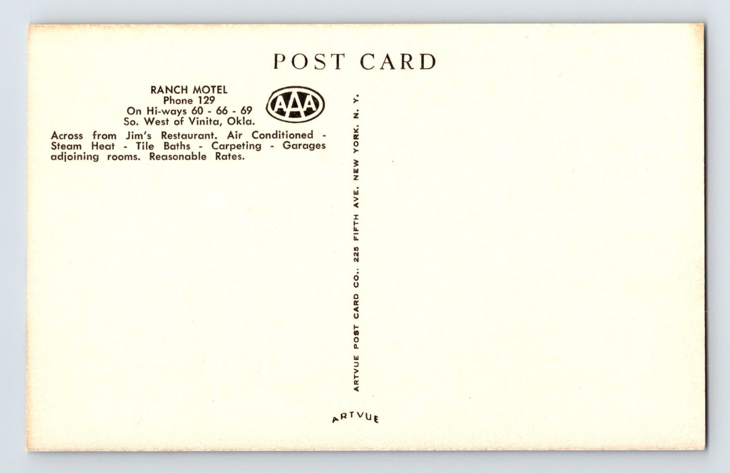 Vinita Oklahoma Ranch Motel Route 66 Postcard 1940s Unposted Chrome