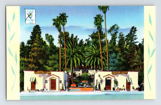 Trav-Ler Lodge Motel Hollywood California 1950s chrome postcard palm trees motor court unposted