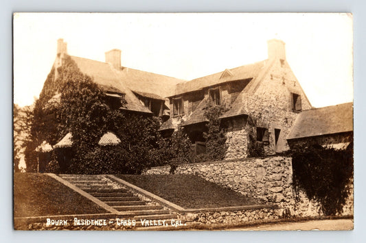 Real photo postcard of Bourn Residence mansion Grass Valley California with stone terrace 1914
