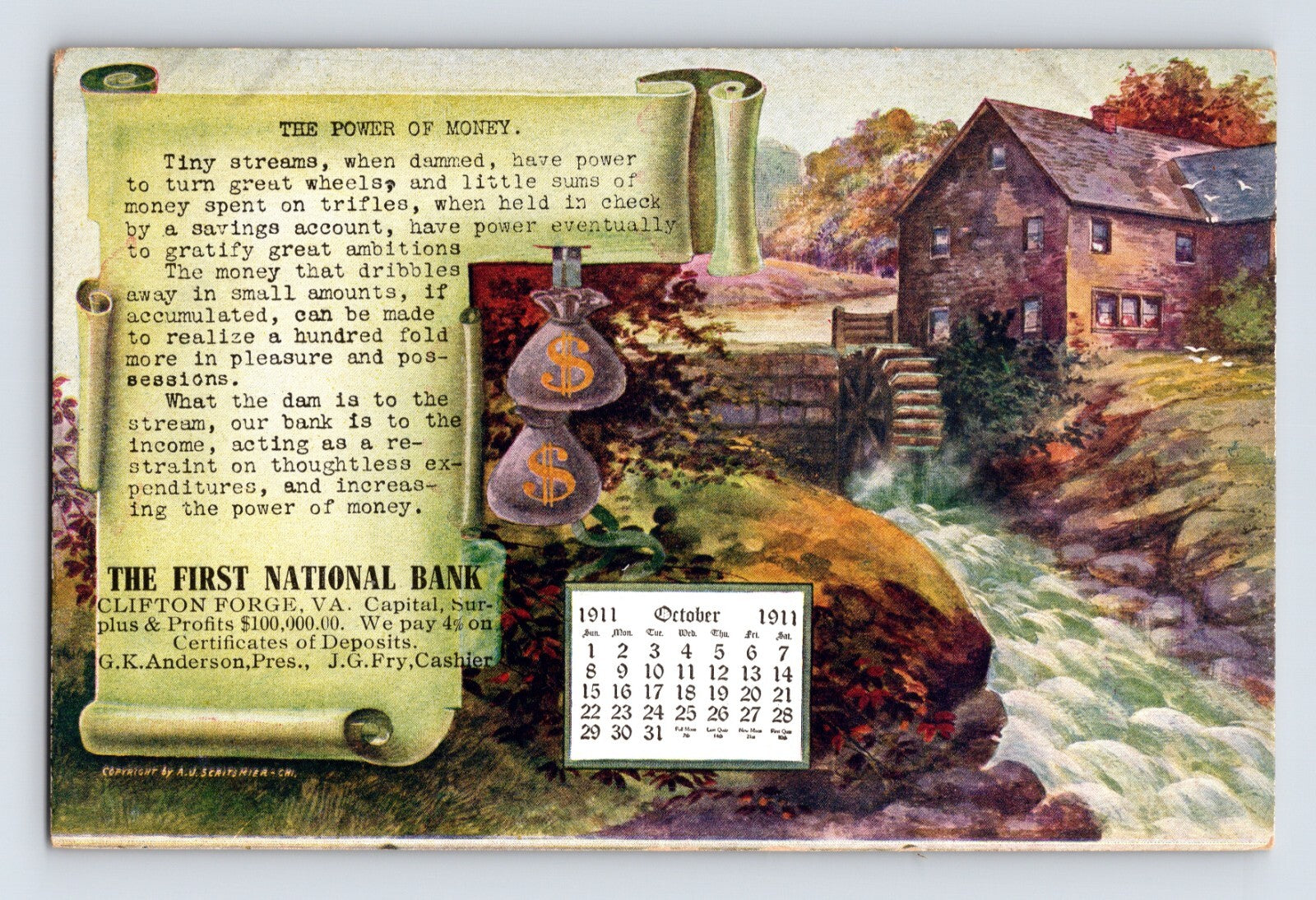 Clifton Forge Virginia First National Bank 1911 calendar postcard showing mill stream building and October calendar inset