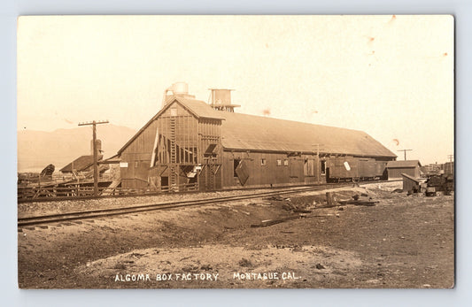 Algoma Box Factory Montague California railroad spur lumber mill building boxcars 1910s real photo postcard