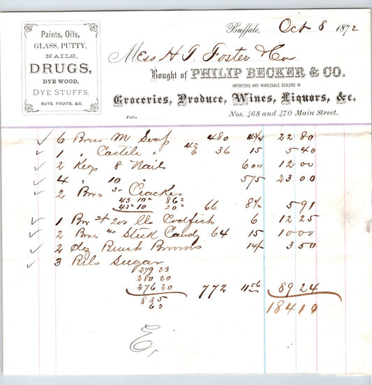 Buffalo New York 1872 Phillip Becker Grocer Wine Liquor Billhead - 8.5 x 8