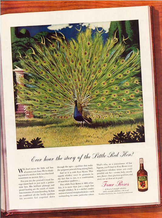 Four Roses whiskey 1938 peacock illustration full page print ad vintage bourbon advertising