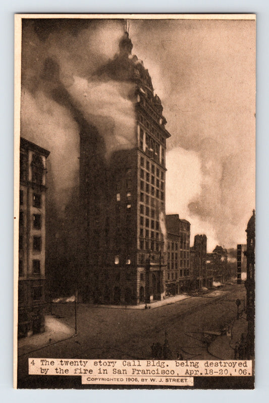 San Francisco Call Building burning 1906 earthquake fire downtown street scene postcard