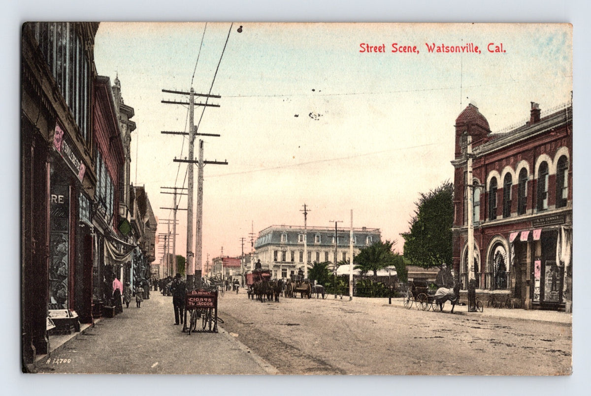 Watsonville California street scene Henry Cigar Tobacco storefront 1908 posted postcard