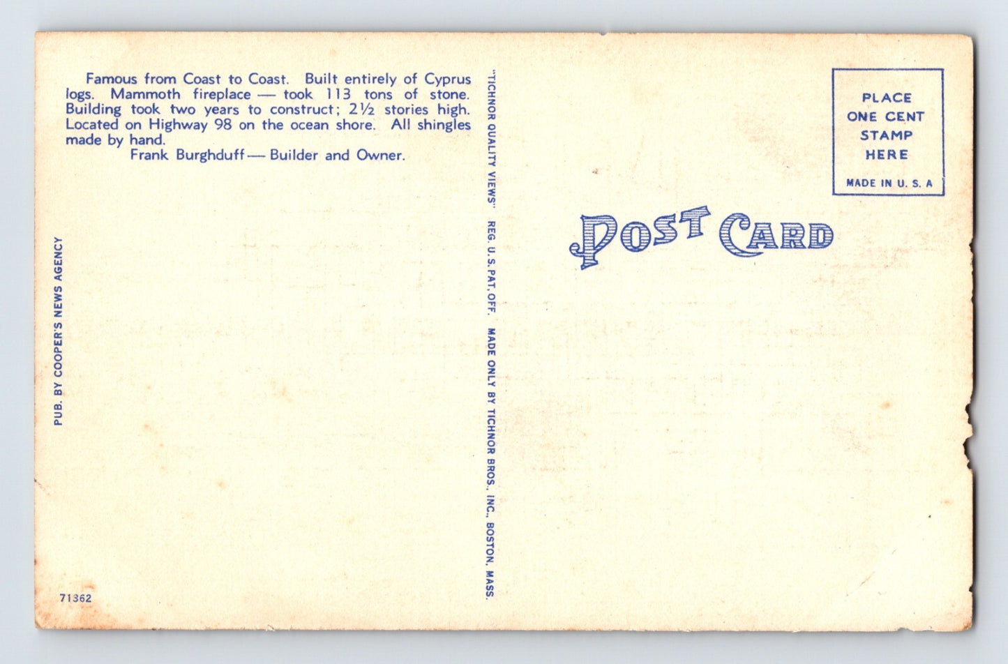 Panama City Florida Old Dutch Tavern Beach Airplane 1940s Postcard Unposted Linen