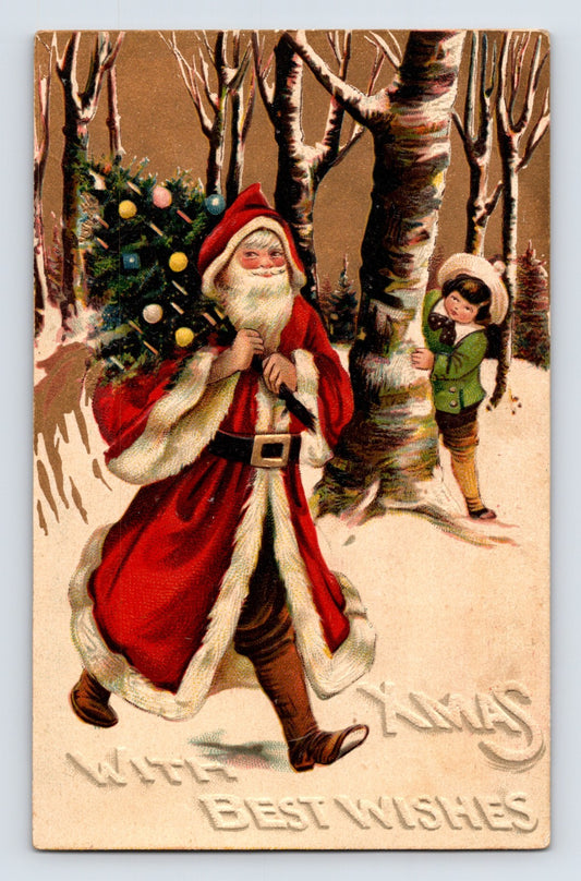 Santa Claus carrying a decorated Christmas tree walks through a snowy forest while a young girl peeks from behind a birch tree on this embossed 1910s postcard printed in Saxony.