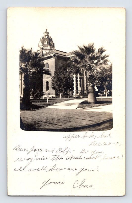 Ukiah California Mendocino County courthouse palm trees plaza real photo postcard