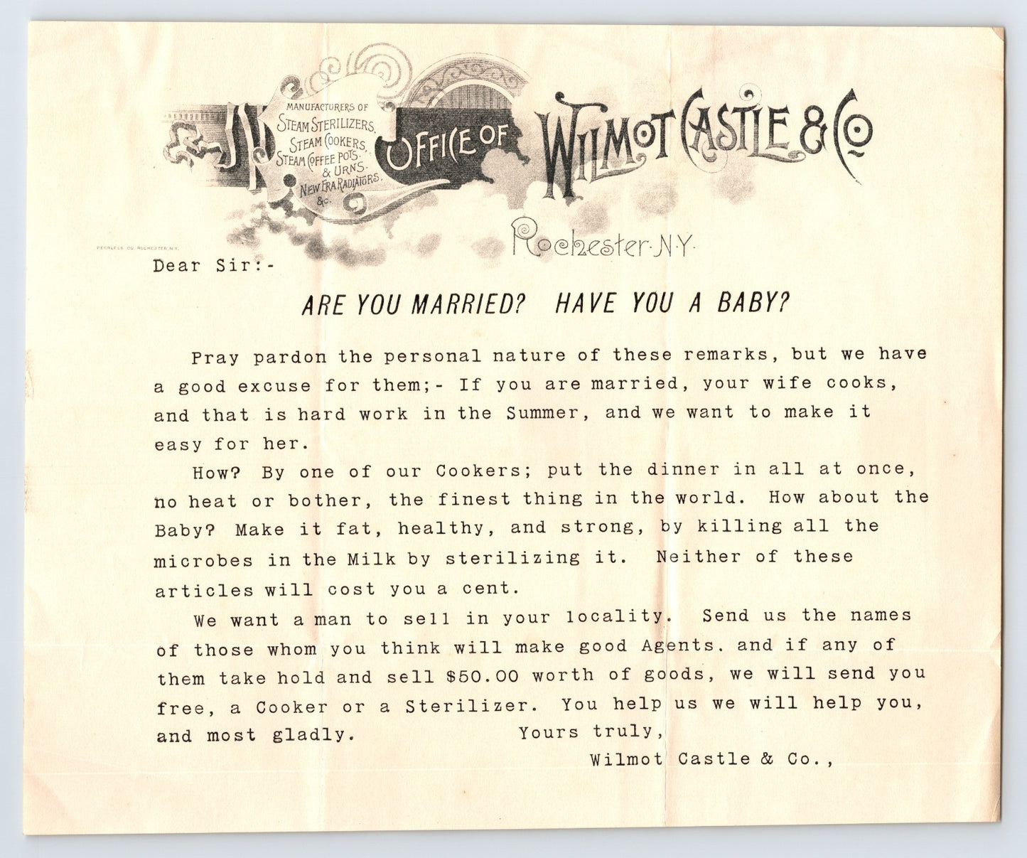 Rochester New York Wilmot Castle Company letterhead early 1900s advertising cooker and sterilizer with ornate header