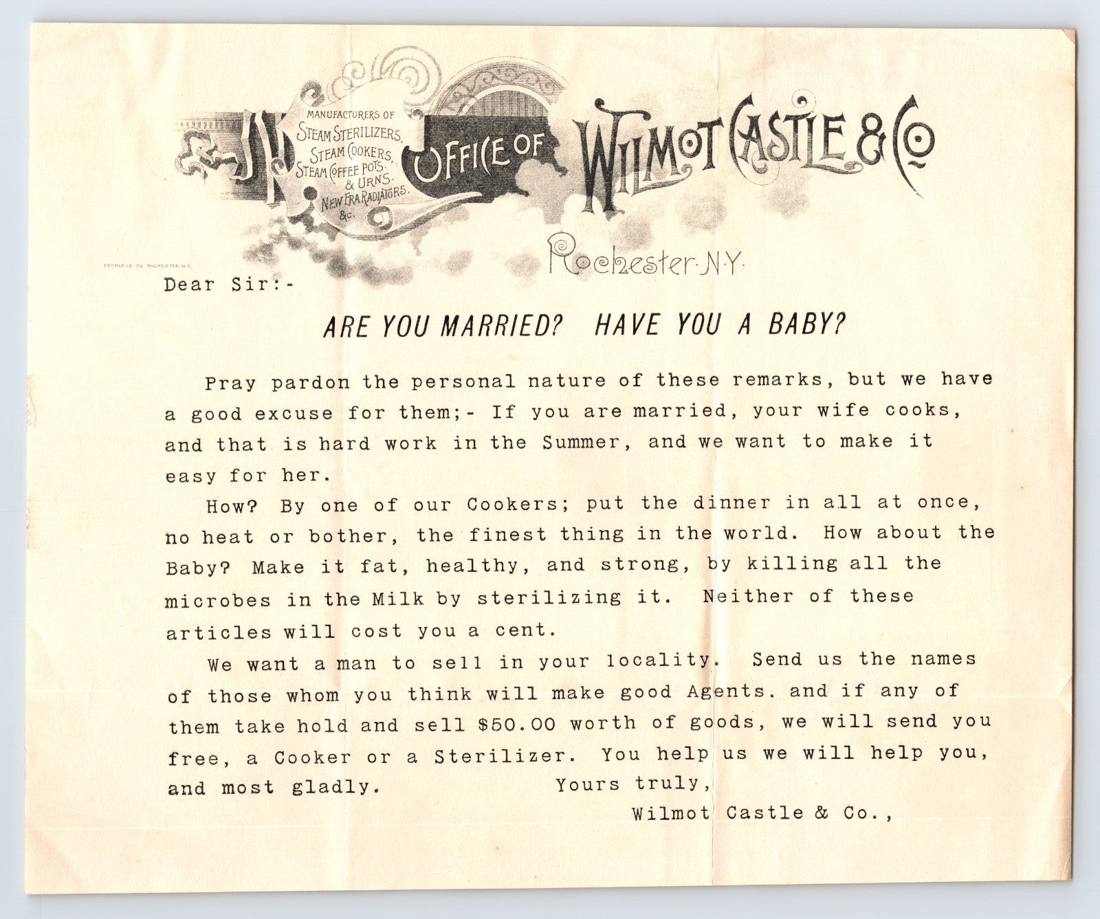 Rochester New York Wilmot Castle Company letterhead early 1900s advertising cooker and sterilizer with ornate header