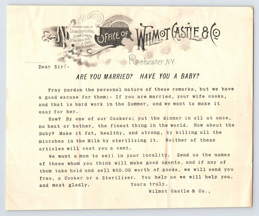 Rochester New York Wilmot Castle Company letterhead early 1900s advertising cooker and sterilizer with ornate header