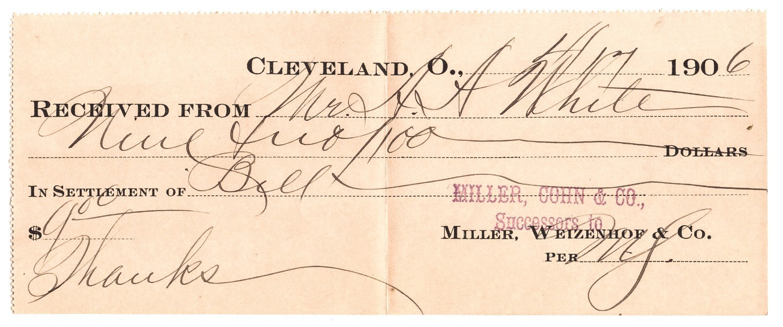Cleveland Ohio Miller Cohn Weizenhof Company 1906 receipt document