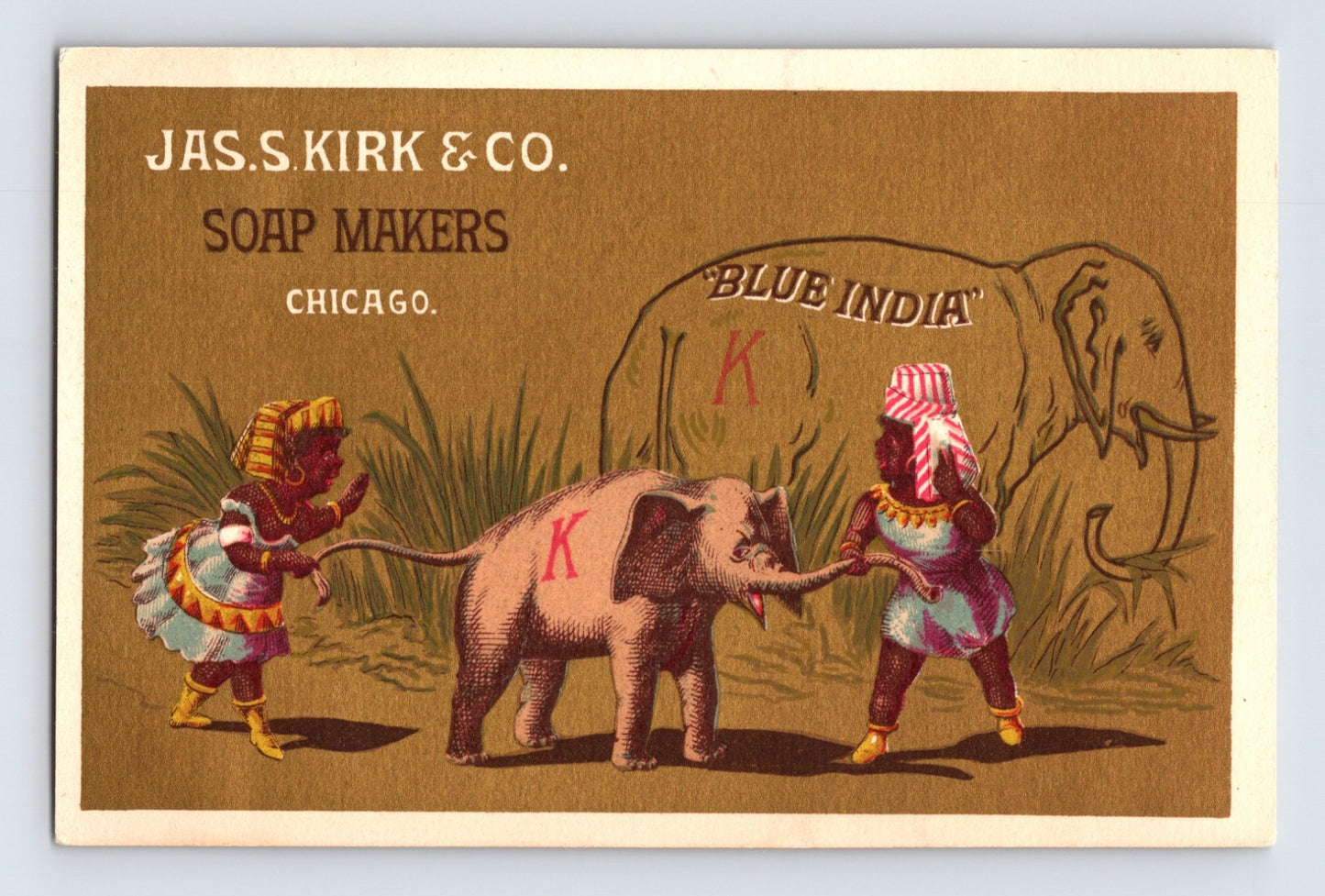 Kirk Soap Chicago Blue India elephant trade card 1890s advertising illustration