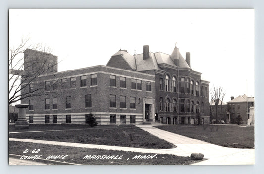Marshall Minnesota courthouse RPPC 1940s brick civic building lawn walkway EKC real photo postcard