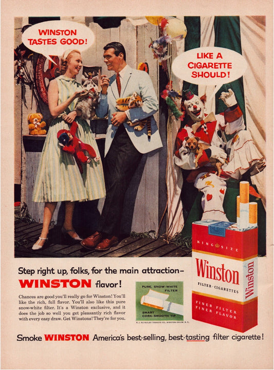 Winston Cigarettes 1957 Carnival Clown Print Ad Full Page - 10.5 x 13.5
