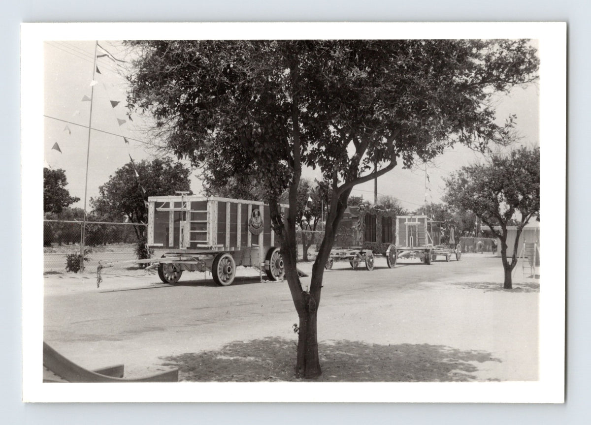 Disneyland Mickey Mouse Club Circus wagons parked inside fenced circus grounds 1955 photograph